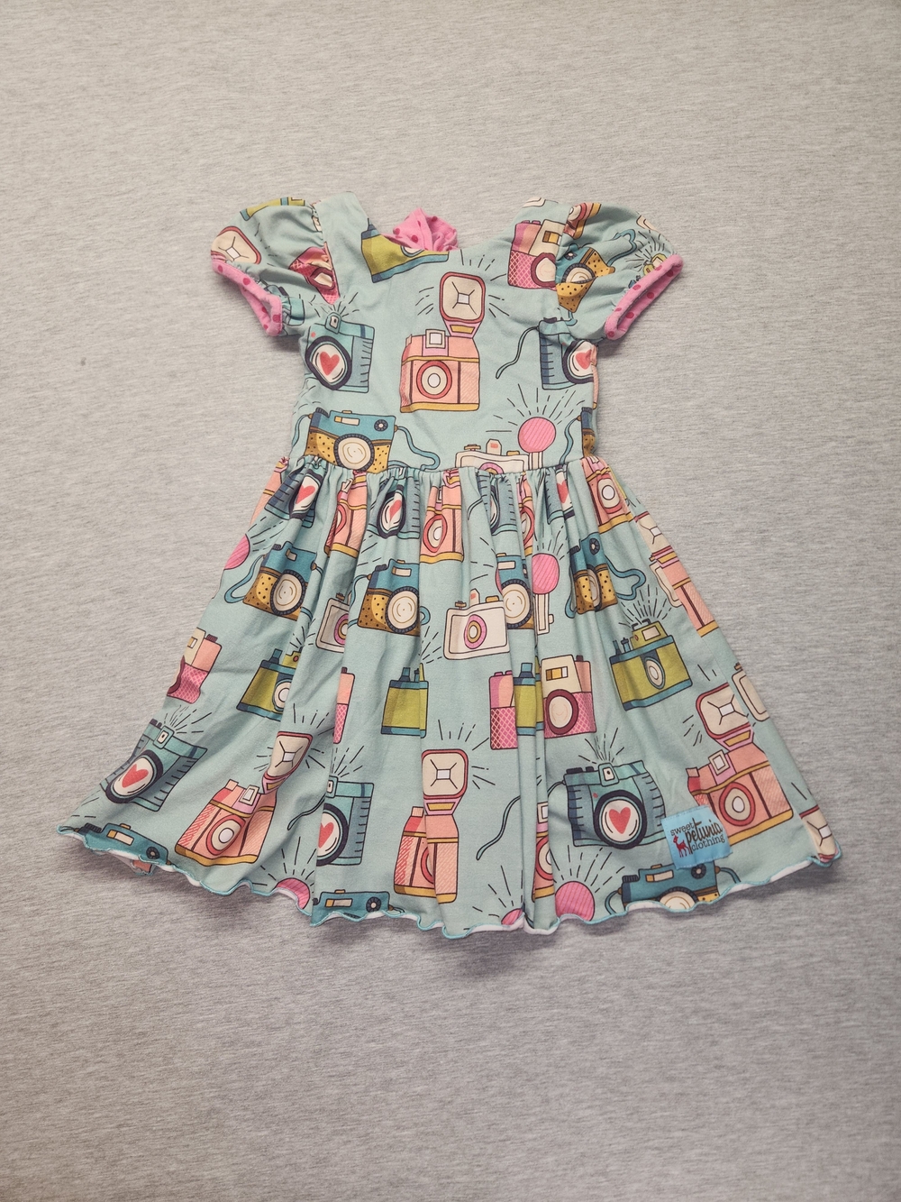 Kids Camera Print Twirl Dress in Light Teal by Sweet Petunia
